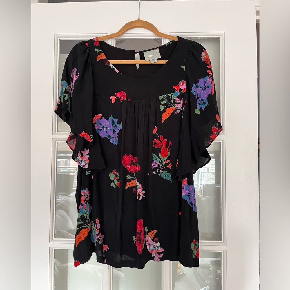 Anthropologie Maeve Short Sleeve Black Floral Ruffle Top XL